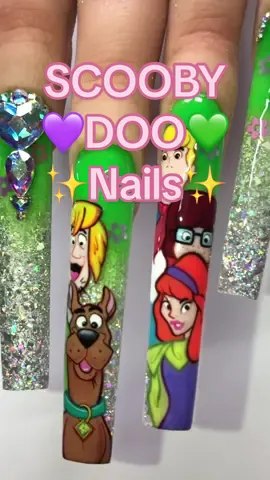 The cutest Scooby Set with a hidden surprise!💚💜💅🏼 would you wear these?! #scoobydoonails #scoobydoo #acrylicnails #nailzbydev #nailvideos #glowinthedarknails #nailart #nails #90snails #fyp 