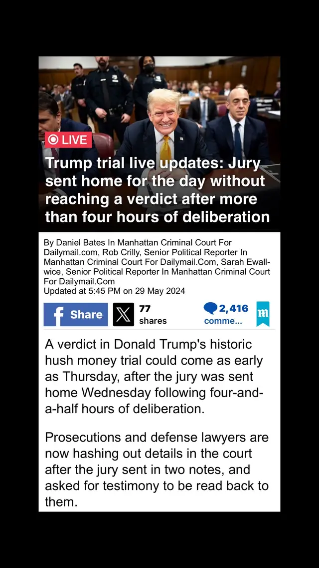 Trump trial:🚨🚨🚨 The jury has been sent home for the day without reaching a verdict after more than four hours of deliberation.  #fyp #foryoupage #news #breakingnews 