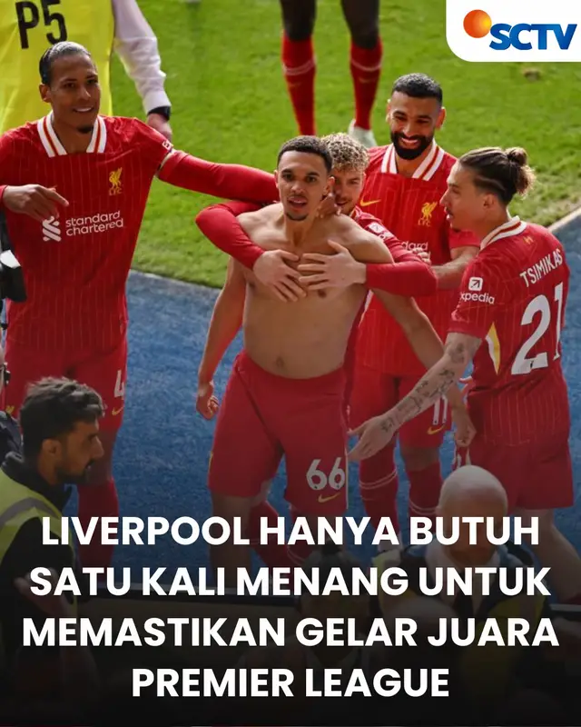 Dengan 5 laga tersisa, Liverpool hanya butuh 3 angka lagi untuk memastikan gelar juara Liga Inggris. Total 82 poin cukup mengamankan titel buat Liverpool, mengingat Arsenal hanya bisa meraup maksimal 81 poin hingga akhir musim.  #SCTVSports #NewsSCTVSports