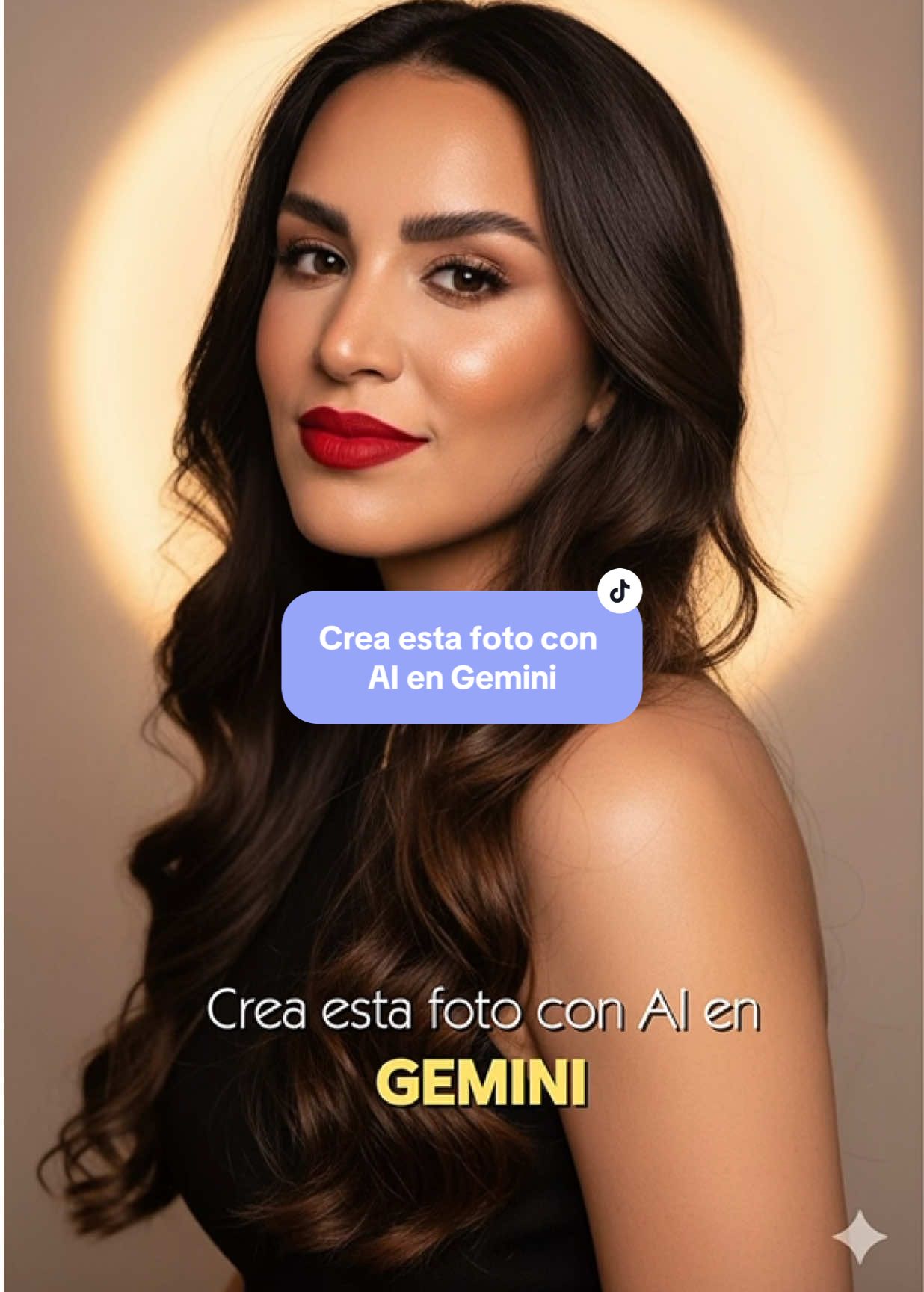 Crea esta foto con AI en Gemini   Aquí te dejo el Prompt para que solo lo copies y pegues. Retrato editorial de una mujer con cabello largo y ondulado, iluminación cálida y suave con un halo circular de luz en el fondo. Encuadre de busto hacia arriba, modelo ligeramente girada mirando a la cámara. Maquillaje elegante con labios rojos, piel luminosa y fondo neutro. Conservar minuciosamente todos los rasgos faciales y la sonrisa natural sin alterar ningún detalle físico. Estilo fotorrealista, iluminación cinematográfica. --ar 2:3 --q 2 --style raw --v 5 --no rostro deformado, rasgos faciales cambiados, sonrisa alterada, asimetría, dientes extra, piel borrosa, textura irreal, retoque excesivo, estilo caricatura, baja resolución, rostro doble, distorsión, maquillaje exagerado, proporciones incorrectas, extremidades extra, cabeza cortada, partes faltantes, sombras duras, luz sobreexpuesta. #aiphoto #ai #tutorial #geminiai #geminiphototutorial 