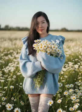 Let's do the trending Gemini Ai photos with prompt Picture 1: The woman stands gracefully among the daisies, long black hair tousled by the breeze, soft strands falling across her luminous forehead. She holds a bouquet of fresh daisies against her voluminous oversized light-blue ruffled sweater, paired with delicate white lace thigh-high stockings, exuding a dreamy romantic aura. #CapCut #foryoupage #everyone #gemini #fyp 