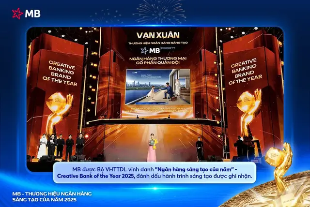 🎉  Lễ trao giải Quảng cáo Sáng tạo Việt Nam - Vạn Xuân Awards 2025 vừa diễn ra 19/12/25 tại TP.HCM, MB vinh dự giành cú đúp 2 giải thưởng danh giá: Giải thưởng Ngân hàng Sáng tạo của năm 2025 & Chiến dịch quảng cáo ngoài trời xuất sắc, ấn tượng của năm.  Vạn Xuân Awards – Giải thưởng Quảng cáo Sáng tạo Việt Nam do Bộ Văn hóa, Thể thao và Du lịch khởi xướng nhằm tôn vinh những thương hiệu có cách tiếp cận sáng tạo mang chiều sâu văn hóa, phản ánh tinh thần thời đại và tạo tác động tích cực cho xã hội. Theo Hội đồng chuyên môn, danh hiệu “Ngân hàng sáng tạo của năm” không chỉ đánh giá ở ý tưởng hay hình thức truyền thông mới mẻ, mà nhấn mạnh khả năng chuyển hóa sáng tạo thành giá trị thực tiễn, dễ tiếp cận và tạo cảm xúc tích cực cho con người.  Cùng với giải thưởng lớn “Ngân hàng Sáng tạo của năm 2025”, MB đồng thời thắng giải thưởng  