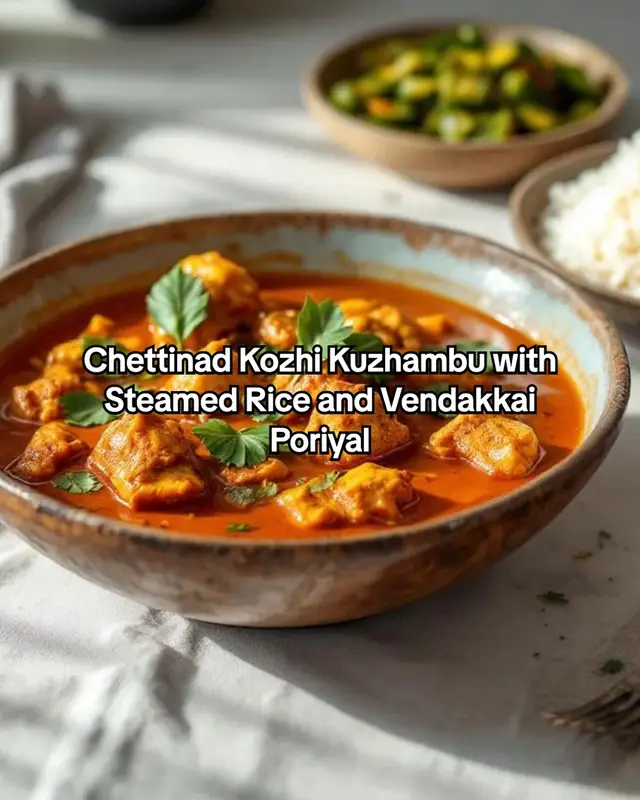 Spicy Tamil-style chicken curry served with fragrant steamed rice and crispy okra stir-fry. Ingredients: - 500g chicken, cut into pieces - 2 tablespoons sesame oil or vegetable oil - 1 large onion, finely chopped - 2 tomatoes, chopped - 2 tablespoons Chettinad spice powder - 1/2 teaspoon turmeric powder - 1 teaspoon red chili powder - 1 teaspoon tamarind paste - 3 cups water - Salt to taste - 2 cups jasmine rice - 1.5 cups water (for rice) - 200g okra, washed and sliced - 1 tablespoon oil - 1/2 teaspoon mustard seeds - 1/2 teaspoon cumin seeds - A pinch of asafoetida (hing) - 1 green chili, sliced - Salt to taste Instructions: 1. Cook the jasmine rice with 1.5 cups of water until fluffy and set aside. 2. In a pot, heat sesame oil over medium heat. Add mustard seeds and cumin seeds. When they splutter, add chopped onions and sauté until translucent. 3. Add chopped tomatoes, turmeric, red chili powder, Chettinad spice powder, and salt. Cook until oil separates from the masala. 4. Add chicken pieces and tamarind paste. Mix well, cook for 5 minutes. 5. Pour in water, cover, and simmer on low heat until chicken is tender and gravy thickens, about 30 minutes. 6. Meanwhile, prepare vendakkai poriyal: Heat oil in a pan, add mustard seeds, cumin seeds, and a pinch of hing. 7. Add sliced okra and sliced green chili, sauté for 10 minutes until okra is cooked and slightly crispy. Season with salt. 8. Serve the hot chicken kuzhambu over steamed rice, accompanied by vendakkai poriyal. #Recipe #cooking #foodtiktok #homemade #EasyRecipes #DinnerIdeas #mealprep Save this for later!