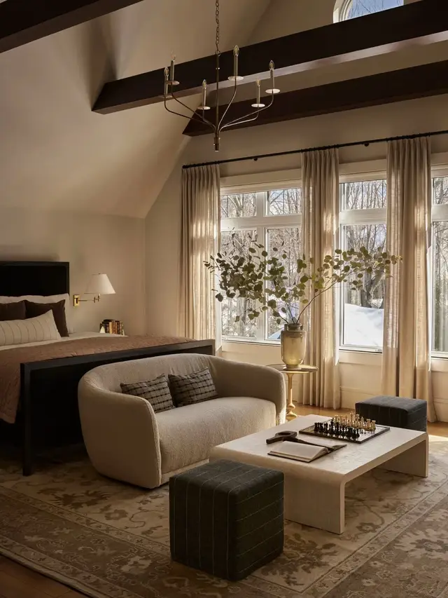 Layers of textures are carefully balanced, creating a muted, moody atmosphere without feeling dark. #bedroomdesign #bedroomdecor #homeinspo #blancmarineliving #blancmarineinterieurs