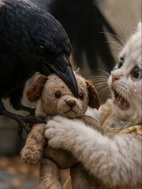 可哀そうな白い子猫はカラスにお気に入りのぬいぐるみを取られた。 A poor white kitten had its favorite stuffed animal stolen by a crow. #poorcat #aicat #catvideos #kitten #whitecat #viral #fyp
