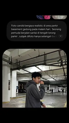 PROMPT👇 Foto candid bergaya realistic di area parkir basement gedung pada malam hari.  Seorang pemuda berjalan santai di tengah lorong parkir , subjek difoto hanya setengah badan saja (medium shot),dengan efek motion blur yang kuat pada tubuh, kepala, dan lengan, menciptakan kesan gerakan alami.  Ia mengenakan hoodie oversized warna abu-abu gelap (hood nya menyembul karna longgar), celana pendek hitam, , dan rambut hitam tebal yang menutupi sebagian kening (messy) sedikit mengembul.  Pose tubuh membelakangi kamera  sambil menoleh ke arah samping (right angle) . tangan satunya terangkat hendak memegang (menyeka)bagian wajah hidung atau mulut ,  Latar belakang berupa area parkir bawah tanah yang luas dengan pilar-pilar putih, pipa utilitas terbuka di langit-langit, beberapa mobil terparkir, serta beberapa orang berjalan di kejauhan. Pencahayaan berasal dari lampu fluoresen putih khas gedung parkir .  Komposisi wide-angle, perspektif mendalam, warna netral, detail realistis, tekstur beton yang jelas, depth of field ringan, fotografi jalanan modern, candid snapshot, ultra realistic, high detail, natural lighting.    negative prompt