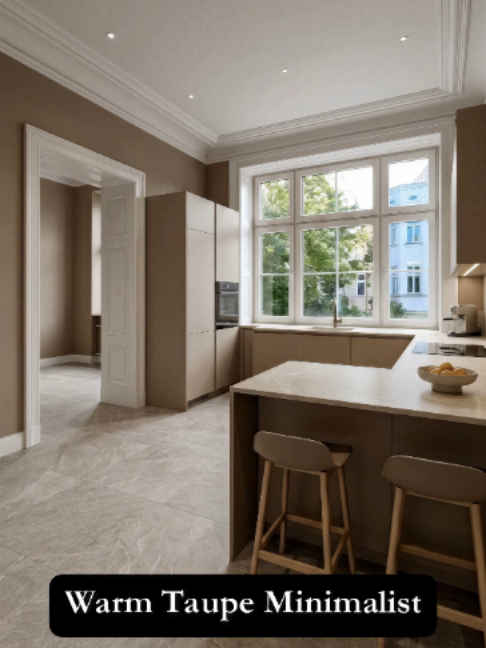 Warm taupe home designed entirely with AI 🤯 Handleless cabinets and seamless quartz in every room 🏠 Full guide + every field linked in bio #warmtaupe #taupeminimalist #aiinteriordesign #homedesign #interiordesign #handlelesskitchen #minimalistdesign #roommakeover #dreamhome #ukhomes