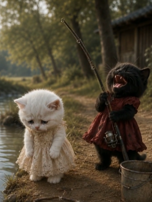 可哀そうな白い子猫の釣竿は簡単に折れる。 The poor white kitten's fishing rod snaps easily. #aicat #catvideos #kitten #poorcat #enjoyai #viral #fyp