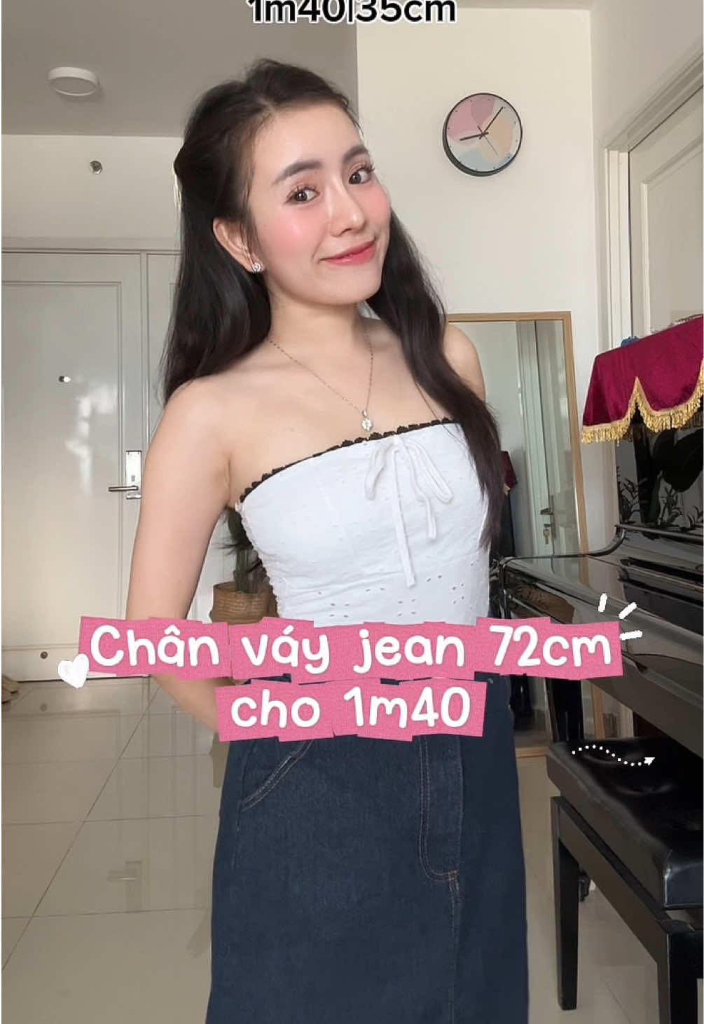 Chân váy jean 72cm cho chị em nấm lùn nhé 🥰💕 #namlun #chanvayjean #chanvay #viral 