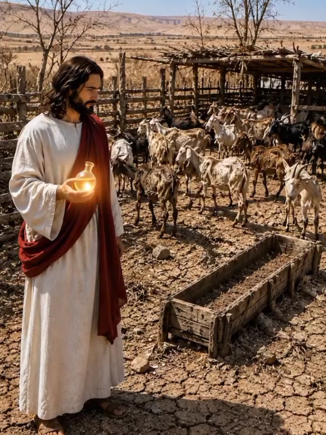 Jesus pours out His heavenly oil and transforms the drought into abundance in Egypt... The Story: Jesus, holding a bright jar of heavenly oil, walks through different scenes in Egypt affected by the drought, unleashing His restorative power in four miraculous scenes. First, He stands before a long, completely dry canal, cracked and covered with hardened mud, crossing barren fields, while worried farmers watch in dismay. Jesus pours out His heavenly oil into the bottom of the canal; intense divine light spreads, and suddenly, an abundant stream of crystal-clear water flows, filling the canals and turning all the crops green. Then, Jesus comes to an extensive area of completely arid sand along the banks of the Nile. Pouring out His bright oil on the ground, the divine light covers the land and transforms the animals' bodies with strength, vitality, and shiny coats, making them jump and run full of energy. Finally, Jesus approaches an Egyptian child who is sitting on the ground by the Nile, exhausted, weak, and sad. Jesus pours out the heavenly oil on his head and hands; the divine light envelops his body, restoring his health and vitality immediately. The child rises, restored, and begins to run joyfully along the riverbank under the Nile's breeze. 🕊️👑 The Word of God: > 
