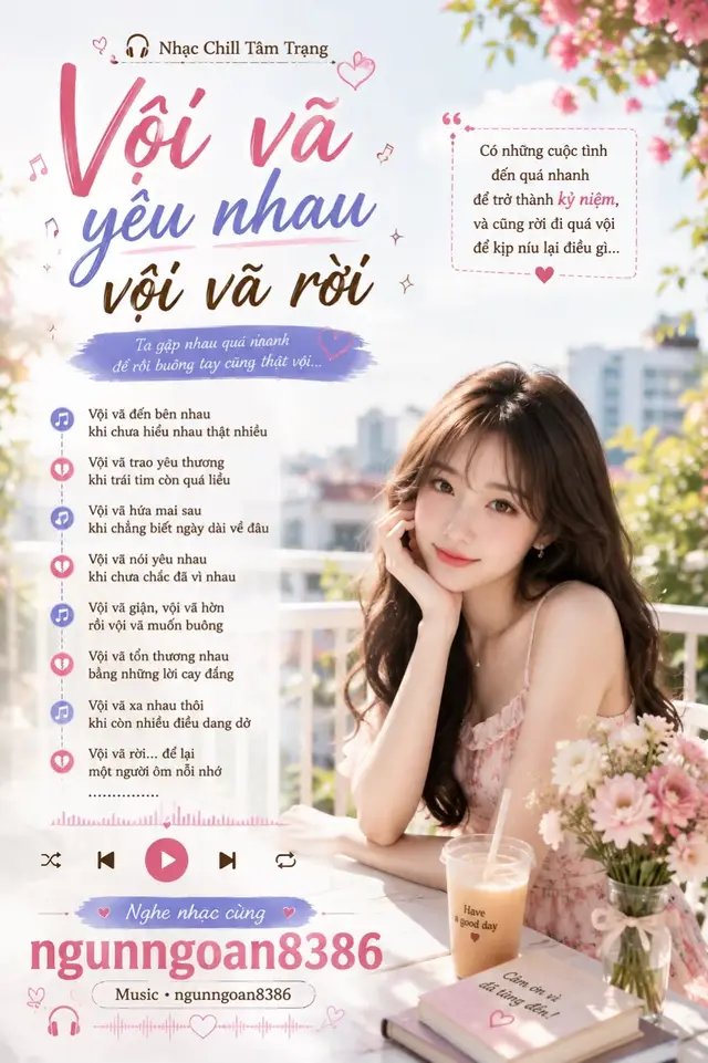 Có những người bước vào cuộc đời mình rất nhanh. Chỉ vài lần trò chuyện. Vài lần quan tâm. Một chút rung động. Rồi chẳng hiểu từ khi nào, cả hai đã nghĩ về nhau nhiều hơn mỗi ngày. Vội Vã Yêu Nhau, Vội Vã Rời mang cảm giác của một mối tình bắt đầu quá nhanh, đẹp rất nhanh, nhưng cũng vì chưa kịp hiểu nhau thật sâu nên cuối cùng lại rời xa nhau trong tiếc nuối. Music_TikTok_Knowledge_ngunngoan8386.md Có những lời yêu nói ra khi cảm xúc còn quá đầy. Có những lời hứa được trao khi cả hai vẫn nghĩ tương lai còn rất dài. Nhưng rồi chỉ một vài khác biệt, một vài lần im lặng, một vài ngày không còn hiểu nhau như trước… cũng đủ khiến khoảng cách xuất hiện. Có lẽ điều đáng tiếc nhất không phải là đã từng yêu. Mà là đã yêu quá vội nên chưa kịp học cách giữ nhau. Sau này nhìn lại, mình có thể không còn muốn quay về. Nhưng vẫn sẽ nhớ một khoảng thời gian từng rất đẹp, từng khiến mình vui và từng tin rằng câu chuyện ấy sẽ kéo dài lâu hơn. Nếu bạn thích nhạc chill, nhạc tâm trạng, nhạc tình cảm nhẹ nhàng và những ca khúc mang màu sắc tiếc nuối, thì Vội Vã Yêu Nhau, Vội Vã Rời rất hợp để nghe khi muốn sống chậm lại một chút. Có những cuộc tình đi qua rất nhanh… nhưng điều chúng để lại lại đủ khiến mình trưởng thành hơn rất nhiều. 🌷 🎧 Nghe nhạc cùng ngunngoan8386 #VoiVaYeuNhauVoiVaRoi #NhacChill #NhacTamTrang #TinhYeuDangDo #ngunngoan8386