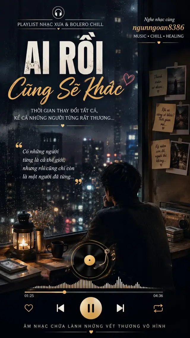 Thời gian có cách khiến mọi thứ đổi thay. Một người từng rất quan trọng có thể dần trở nên xa lạ. Một câu chuyện từng nghĩ sẽ kéo dài thật lâu, cuối cùng cũng có thể chỉ còn lại vài tấm hình cũ, một bài hát quen và những lần bất chợt nhớ về. Ai Rồi Cũng Sẽ Khác mang đúng cảm giác của những người đã từng thương rất nhiều, từng tin rất nhiều… rồi một ngày nhận ra chẳng ai có thể mãi mãi giống như lúc bắt đầu. Có người thay đổi vì cuộc sống. Có người thay đổi vì khoảng cách. Có người chỉ đơn giản là không còn muốn đứng ở vị trí cũ trong cuộc đời mình nữa. Điều khó nhất không phải là nhìn thấy một người khác đi. Mà là chấp nhận rằng mình cũng đã khác. Không còn đủ ngây thơ để tin mọi lời hứa. Không còn muốn chạy theo một điều đã không còn thuộc về mình. Và cũng không còn muốn giữ mãi một người chỉ còn tồn tại trong ký ức. Có những đêm mưa, ngồi nhìn thành phố qua ô cửa kính, nghe một bản nhạc cũ… mình vẫn nhớ. Nhưng nỗi nhớ ấy rồi cũng sẽ nhẹ đi. Bởi trưởng thành đôi khi chính là biết rằng người cũ có thể thay đổi, tình cảm có thể đổi thay, nhưng mình vẫn có thể tiếp tục sống thật tốt với những gì còn lại. Ai rồi cũng sẽ khác… chỉ mong sau tất cả, mình vẫn giữ được sự tử tế và bình yên trong chính mình. 🌙 🎧 Nghe nhạc cùng ngunngoan8386 #AiRoiCungSeKhac #NhacTamTrang #NhacChill #NhacHoaiNiem #ngunngoan8386