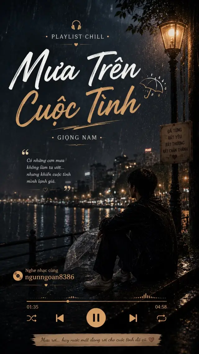Có những cơn mưa chỉ làm ướt một đoạn đường. Nhưng cũng có những cơn mưa vô tình kéo cả một cuộc tình cũ trở về. Mưa Trên Cuộc Tình qua giọng nam mang cảm giác trầm buồn của một người vẫn ngồi lại giữa thành phố lên đèn, nhìn những giọt mưa rơi và nhớ về người từng rất thương. Ngày ấy, hai người từng nghĩ chỉ cần còn yêu thì sẽ chẳng có điều gì khiến mình xa nhau. Từng có những cuộc hẹn dưới mưa. Từng có một chiếc ô che chung. Từng có một bàn tay tưởng rằng sẽ nắm thật lâu. Nhưng rồi tình yêu cũng giống như thời tiết. Có những ngày rất đẹp. Có những ngày giông bão. Và có những lúc dù cả hai vẫn còn tình cảm, mọi thứ đã lạnh đến mức chẳng biết phải bắt đầu lại từ đâu. Bây giờ vẫn con đường ấy. Vẫn ánh đèn phản chiếu trên mặt nước. Chỉ là người từng đi cùng đã không còn đứng bên cạnh nữa. Có lẽ điều khiến người ta buồn nhất không phải cơn mưa. Mà là giữa tiếng mưa rơi, mình bất chợt nhớ ra đã từng có một người khiến những ngày mưa trở nên thật ấm áp. Mưa rồi sẽ tạnh… chỉ có những ký ức về một cuộc tình cũ đôi khi vẫn chẳng chịu ngủ yên. 🌙🖤 🎧 Nghe nhạc cùng ngunngoan8386 #MuaTrenCuocTinh #NhacNamTamTrang #NhacTinhBuon #NhacChill #ngunngoan8386