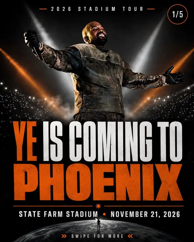 Ye is bringing the 2026 stadium tour to Arizona, with State Farm Stadium set for Saturday, November 21. Phoenix is one of only three newly announced U.S. stops alongside Houston and Dallas another major entertainment win for the Valley and especially the West Valley. 🌵🎤 🎟️ Registration is open now 📅 Presale begins September 9 🏟️ State Farm Stadium Would you go to this one? 👀 Drop “YE” below or send this to somebody who needs to see it. #PhoenixEvents #GlendaleAZ #StateFarmStadium #PhoenixConcerts #KanyeWest