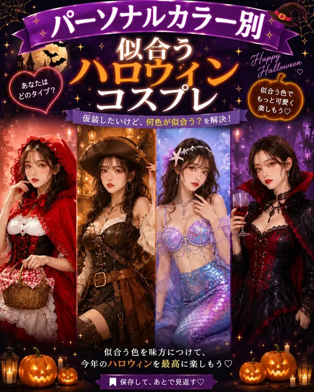 🎃今年のハロウィン、何着る？♡ パーソナルカラー別に 似合いやすいコスプレカラーをまとめました👻✨ ❤️ イエベ春 → 明るく華やかなレッド・コーラル系 🤎 イエベ秋 → ブラウン・カーキ・ゴールド系 💜 ブルベ夏 → ラベンダー・ブルー・ローズ系 🖤 ブルベ冬 → ブラック・ワイン・深みのあるレッド系 「仮装したいけど何色が似合うかわからない…」 という方はぜひ保存して参考にしてみてください♡ 今年は「好きなコスプレ」×「似合う色」で いつもより可愛くハロウィンを楽しもう🎃 #ハロウィン#ハロウィンコスプレ#コスプレ#仮装#ハロウィン仮装