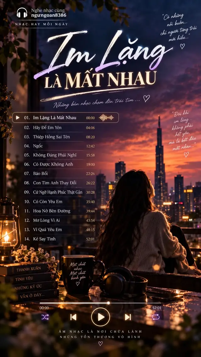 Có những mối quan hệ không kết thúc bằng một lời chia tay. Chỉ là một ngày, cả hai cùng im lặng lâu hơn bình thường. Tin nhắn thưa dần, những cuộc trò chuyện ngắn lại, sự quan tâm cũng không còn giống trước. Rồi đến khi nhận ra… im lặng đã biến hai người từng rất thân thành hai người chẳng còn biết phải nói gì với nhau. “Im Lặng Là Mất Nhau” mở đầu cho một hành trình cảm xúc dài hơn 50 phút, nơi mỗi bài hát giống như một đoạn khác nhau của một câu chuyện tình. Có lúc muốn được ở một mình như Hãy Để Em Yên. Có lúc nhìn người mình từng yêu đi về phía một cuộc đời khác như Thiệp Hồng Sai Tên. Có lúc tự trách mình quá Ngốc, vì đã biết trước kết quả nhưng vẫn cố tin vào một cái kết đẹp. Rồi lại tự nhủ rằng có những chuyện Không Đáng Phải Nghĩ, nhưng càng cố quên thì ký ức càng hiện rõ. Một câu Có Được Không Anh nghe tưởng nhẹ nhàng, nhưng phía sau lại là cả một sự chờ đợi. Có những ngày từng gọi nhau là Bảo Bối, từng nghĩ chỉ cần yêu thật lòng thì sẽ chẳng có điều gì thay đổi. Nhưng rồi Con Tim Anh Thay Đổi. Đến lúc ấy mới hiểu rằng điều đau nhất không phải mất một người, mà là chứng kiến người ấy thay đổi ngay trước mắt mình. Từng Cứ Ngỡ Hạnh Phúc Thật Gần, từng nghĩ chỉ cần bước thêm một chút nữa là sẽ chạm được vào bình yên. Nhưng cuối cùng lại phải hỏi: Có Còn Yêu Em? Có những người giống như Hoa Nở Bên Đường — đẹp đến mức khiến ta muốn dừng lại thật lâu, nhưng cuối cùng vẫn chỉ có thể đi ngang qua cuộc đời nhau. Sau tất cả, điều khó nhất không phải là yêu thêm một người mới. Mà là Mở Lòng Vì Ai khi trong lòng vẫn còn quá nhiều ký ức cũ. Bởi từng Vì Quá Yêu Em, từng trao hết cảm xúc cho một người, nên khi mất đi mới khó bước tiếp đến vậy. Và đến cuối cùng, chỉ còn một Kẻ Say Tình ngồi lại với những điều chưa kịp nói. Có lẽ vậy nên playlist này không chỉ là những bài hát buồn. Nó giống như một câu chuyện được kể bằng âm nhạc — từ lúc yêu, hy vọng, nghi ngờ, tổn thương cho đến khi buộc phải chấp nhận rằng có những người từng rất quan trọng nhưng cuối cùng vẫn chỉ có thể ở lại trong ký ức. Tracklist: 1. Im Lặng Là Mất Nhau 2. Hãy Để Em Yên 3. Thiệp Hồng Sai Tên 4. Ngốc 5. Không Đáng Phải Nghĩ 6. Có Được Không Anh 7. Bảo Bối 8. Con Tim Anh Thay Đổi 9. Cứ Ngỡ Hạnh Phúc Thật Gần 10. Có Còn Yêu Em 11. Hoa Nở Bên Đường 12. Mở Lòng Vì Ai 13. Vì Quá Yêu Em 14. Kẻ Say Tình Nếu bạn đang nghe playlist này vào một buổi tối thật yên, có lẽ sẽ có ít nhất một bài khiến bạn bất chợt nhớ đến một người. Không nhất thiết còn muốn quay lại. Chỉ là có những kỷ niệm, dù đã đi qua rất lâu… vẫn đủ sức khiến lòng mình chậm lại khi vô tình nghe đúng một giai điệu quen. 🎧 Nghe nhạc cùng ngunngoan8386 #ImLangLaMatNhau #NhacTamTrang #NhacBuon #NhacChillTinhCam #ngunngoan8386