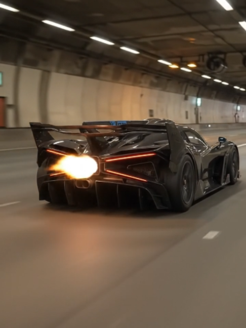 This black Bugatti Bolide turns the tunnel into a W16 thunder chamber! 🖤🔥 Extreme aerodynamics, a towering rear wing and 1,600 PS of quad-turbo power—finished with a colossal exhaust fireball. #bugatti #cars #automotive #reels #viral #shorts