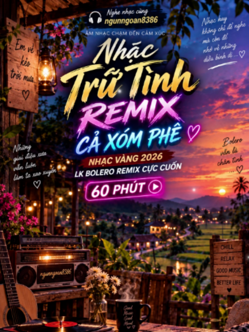 EM VỀ KẺO TRỜI MƯA | 60 PHÚT NHẠC TRỮ TÌNH REMIX – BOLERO XƯA, NHỊP MỚI CỰC CUỐN “Em về đi em… kẻo trời mưa.” Một câu hát nghe thật nhẹ, nhưng phía sau lại là cả một khoảng trời thương nhớ. Có những cuộc chia tay chẳng cần nói lời chia tay. Chỉ là một buổi chiều trời sắp đổ mưa, người đứng lại muốn giữ nhưng chẳng thể giữ, người bước đi cũng chẳng biết lần sau gặp lại sẽ là khi nào. Và “Em Về Kẻo Trời Mưa” mở đầu cho 60 phút liên khúc lần này bằng cảm xúc như thế. Một chút tình cũ. Một chút hoài niệm. Một chút buồn rất riêng của Bolero… Nhưng đừng vội nghĩ đây là 60 phút chỉ để ngồi buồn. 🔥 Khi những lớp beat Remix bắt đầu hòa vào giai điệu, màu sắc của playlist cũng dần thay đổi. Những tình khúc quen thuộc được khoác lên nhịp điệu mới, sáng hơn, bắt tai hơn nhưng vẫn giữ lại cái tình khiến người nghe yêu nhạc trữ tình từ bao năm nay. Đó là cái thú vị của Bolero Remix: Có đoạn khiến mình nhớ một người. Có đoạn khiến chân tự nhiên muốn bắt nhịp. Có đoạn vừa nghe xong lại muốn tăng âm lượng thêm một chút. Và cứ thế, một bài nối một bài thành 60 phút liên khúc liền mạch. Rất hợp cho một buổi chiều ngồi cà phê, lúc làm việc, chuyến xe đường dài hay những buổi tụ họp muốn có chút nhạc quen nhưng không quá chậm. Có thể người trẻ nghe vì phần phối mới. Người từng trải lại nghe vì những câu chuyện nằm phía sau từng lời hát. Nhưng đến một đoạn nào đó, cả hai đều có thể tìm thấy một cảm xúc rất quen: Có những bài hát đã nghe từ rất lâu, vậy mà mỗi lần giai điệu vang lên vẫn thấy như đang kể chuyện của chính mình. 60 phút này vì thế không cần một tracklist cố định để lựa bài. Cứ bật từ “Em Về Kẻo Trời Mưa”, rồi để âm nhạc tự dẫn đường. Từ những phút đầu còn đầy hoài niệm đến lúc nhịp Remix dần cuốn lên, biết đâu bạn định nghe thử vài phút… rồi bất giác nhận ra liên khúc đã chạy được gần hết. 🎶 Nhạc cũ không có nghĩa là cảm xúc cũ. Chỉ cần một bản phối mới, những giai điệu năm nào lại có thể khiến mình rung động theo một cách hoàn toàn khác. 🎧 60 PHÚT • NHẠC TRỮ TÌNH REMIX • LK BOLERO REMIX  Nghe nhạc cùng ngunngoan8386  Giai điệu quen – cảm xúc mới – bật lên và để nhạc chạy. #EmVeKeoTroiMua #NhacTruTinhRemix #BoleroRemix #LienKhuc60Phut #ngunngoan8386