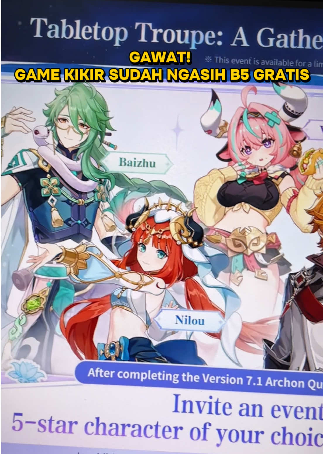b5 pilihan gratis tandanya apa nih ges?? kalian milih siapa? bingung deh #GenshinImpact #hoyocreators live stream version 7.1
