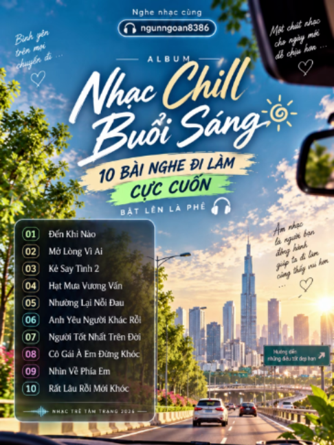 NHẠC CHILL BUỔI SÁNG 2026 | 10 BÀI NGHE ĐI LÀM CỰC CUỐN – BẬT LÊN LÀ PHÊ ☀️🎧 Buổi sáng không nhất thiết phải bắt đầu bằng những thứ vội vàng. Một ly cà phê, một cung đường quen và đúng playlist đôi khi cũng đủ khiến tâm trạng cả ngày khác hẳn. 🚗☕ Album lần này là 10 ca khúc dành cho những chuyến đi làm buổi sáng: Đến Khi Nào, Mở Lòng Vì Ai, Kẻ Say Tình 2, Hạt Mưa Vương Vấn, Nhường Lại Nỗi Đau, Anh Yêu Người Khác Rồi, Người Tốt Nhất Trên Đời, Cô Gái À Em Đừng Khóc, Nhìn Về Phía Em, Rất Lâu Rồi Mới Khóc. Playlist có chút chill, chút Ballad và một chút tâm trạng vừa đủ. Không quá nặng nề để làm buổi sáng trở nên buồn, nhưng vẫn có những giai điệu khiến mình vô thức muốn nghe thêm bài nữa. Đặc biệt khi Đến Khi Nào – Mở Lòng Vì Ai – Kẻ Say Tình 2 – Hạt Mưa Vương Vấn lần lượt vang lên, cứ để nhạc chạy một mạch, mở cửa kính đón chút nắng sớm và bắt đầu hành trình của ngày mới. 🌤️ Có thể ngoài kia vẫn là con đường đi làm quen thuộc, vẫn kẹt xe, vẫn còn cả một ngày dài phía trước… nhưng nhạc đúng gu thì sáng thứ Hai cũng có thể chill như sáng cuối tuần. 😎 Cà phê đã có. Xe đã nổ máy. Playlist đã bật. Việc còn lại là… NGHE LÀ PHÊ! 🎶🔥 🎧 Nhạc Chill Buổi Sáng • 10 Bài Nghe Đi Làm Cực Cuốn  Nghe nhạc cùng ngunngoan8386 #NhacChillBuoiSang #NhacNgheDiLam #NhacTre2026 #NhacChill #ngunngoan8386