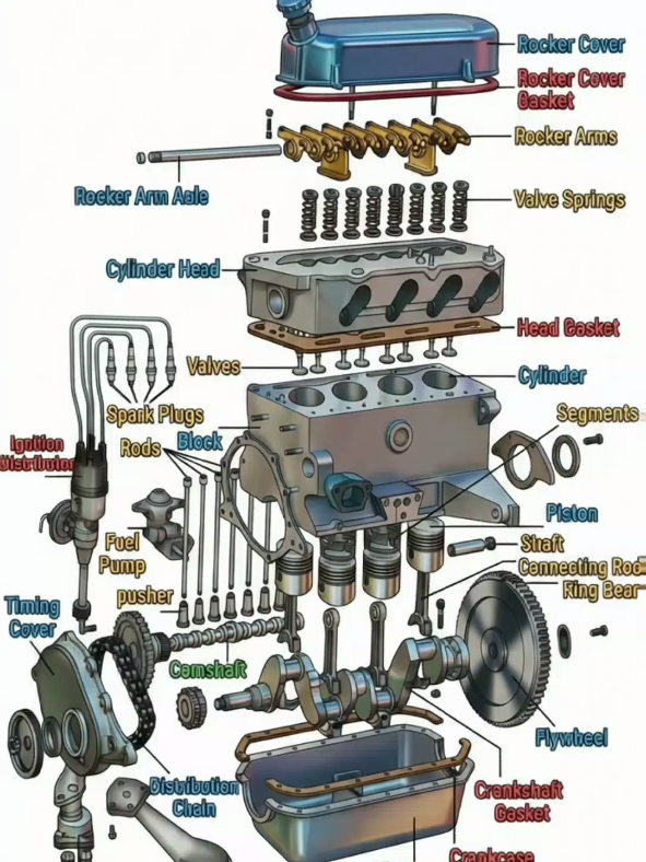 Exploded View: Four-Cylinder Engine Parts and Assembly Diagram #EngineExplodedView #FourCylinderEngine #EngineComponents #automechanics 