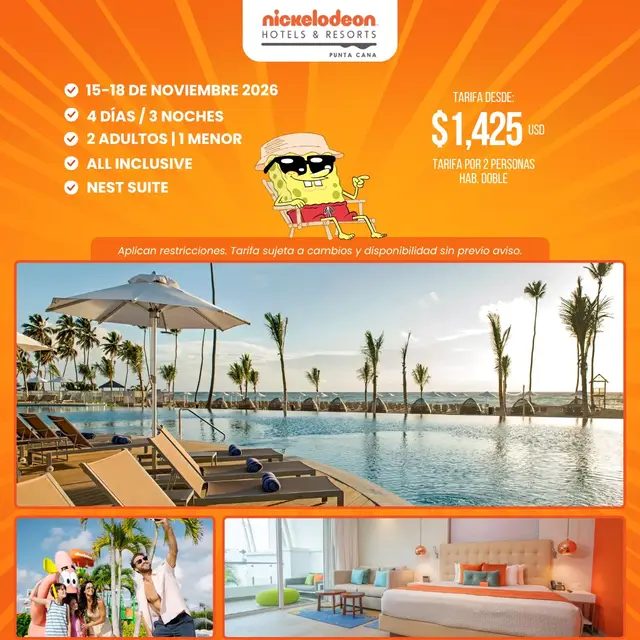 Get ready for the ultimate family vacation filled with world-class luxury, non-stop entertainment, and your favorite Nickelodeon characters in paradise! 🏖️ Slime included! *Rate based on double occupancy package. Subject to current exchange rate. Restrictions apply. Rates and availability are subject to change without prior notice. #NickelodeonResort #PuntaCana #FamilyVacation #AquaNick #NickelodeonHotels #DominicanRepublic #AllInclusiveFamily #SpongeBobResort #FamilyTravel #TravelWithKids