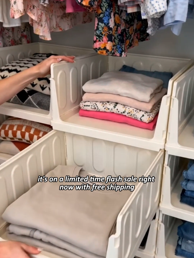 These pull-out stackable plastic storage baskets are the real deal and my closet has never been this organized, I'm obsessed and you should grab them while everyone else is still sleeping on them, thank me later 😍 #homeorganization #storagehacks #closetstorageideas #tiktokshopstockup #closetorganizationideas 
