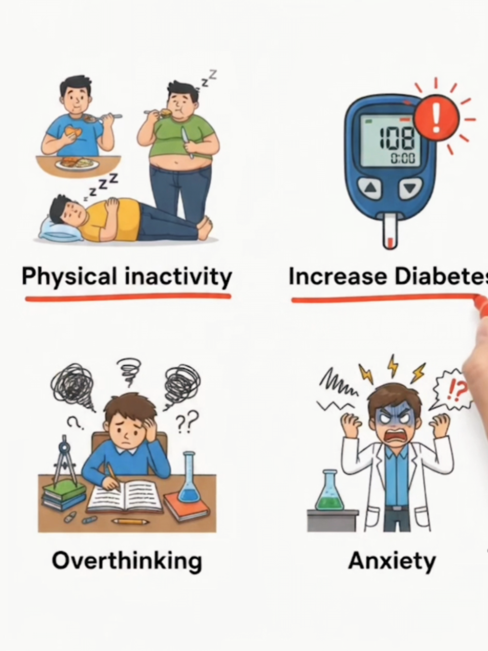 7 Things That Can Affect Your Physical & Mental Health 1. ANGER Frequent or intense anger can activate the body's sympathetic nervous system, increasing adrenaline and heart rate. Repeated episodes may temporarily raise blood pressure and contribute to headaches, muscle tension and sleep problems. 2. TENSION Constant physical or mental tension can keep your body in a prolonged stress-response state. It may cause muscle tightness, headaches, fatigue, poor concentration and digestive discomfort. 3. INSOMNIA Poor sleep affects the brain, hormones and cardiovascular system. Chronic insomnia can lead to daytime fatigue, impaired concentration, mood changes and reduced ability to cope with stress. Persistent sleep problems may also be associated with increased cardiometabolic risk. 4. WORRY Excessive worry can keep the brain in a state of heightened alertness. This may cause racing thoughts, difficulty relaxing, muscle tension, digestive symptoms and difficulty falling or staying asleep. 5. STRONG EMOTIONAL STRESS Strong or prolonged emotional stress can affect multiple body systems. It may influence sleep, appetite, digestion, concentration, mood and cardiovascular responses. 6. PHYSICAL INACTIVITY Too little physical activity is associated with increased risk of obesity, cardiovascular disease, type 2 diabetes and other chronic health problems. Regular physical activity can support cardiovascular health, sleep quality and mental well-being. 7. OVERTHINKING Persistent repetitive thinking can make relaxation and sleep more difficult. It may increase mental fatigue, anxiety symptoms, concentration difficulties and stress-related physical symptoms. IMPORTANT These symptoms can have many different causes. Having one or more of them does not automatically mean you have a medical disorder. If stress, sleep problems, anxiety, persistent sadness, anger or physical symptoms are affecting your daily life, speak with a qualified healthcare professional. Do not start medicines or supplements on your own. Consult your doctor before using any treatment. #HealthTips #MentalHealth #StressManagement         #creatorsearchinsights #howtogethealthy 