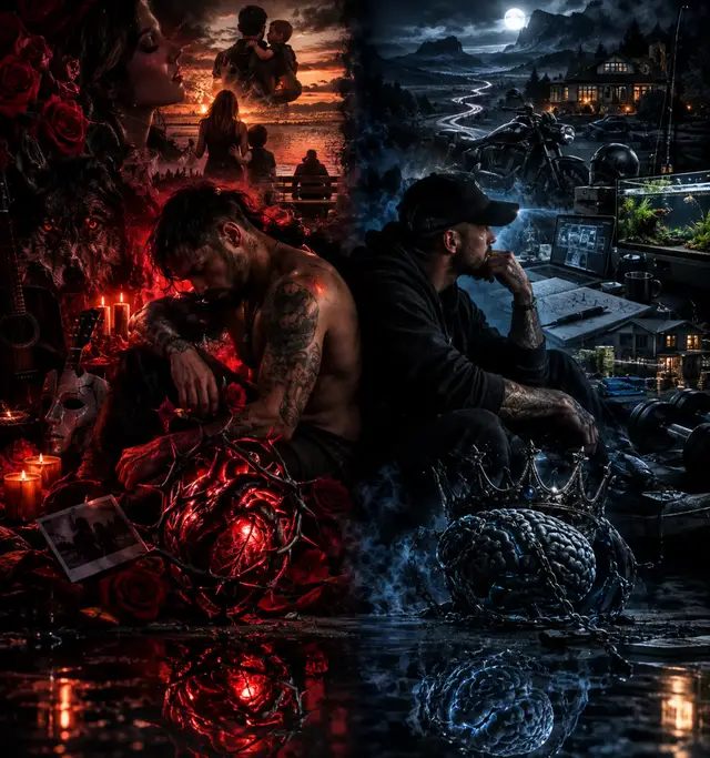 ChatGPT know alot and is so spot on...🖤🖤🥀🥀  Used the following prompt Using everything you know about me, separate my heart from my mind and create a cinematic image. Show them as two different versions of me. Use symbolism instead of words. Don't explain anything. Just show me. Would your heart and your mind tell the same story?