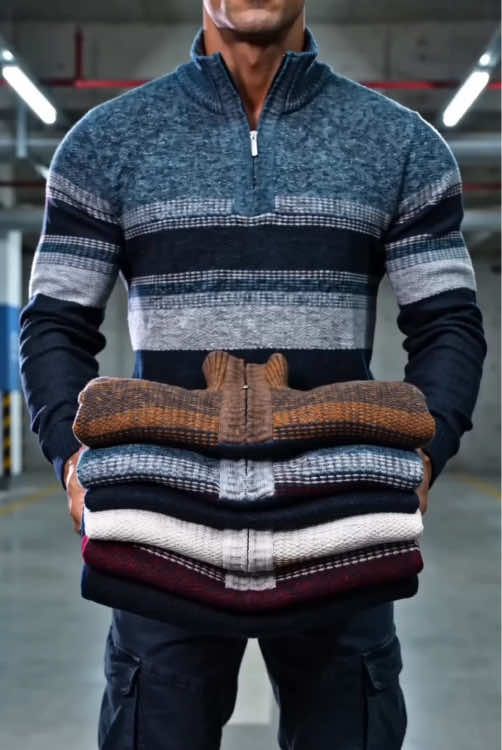 Color Block Striped Knit Sweater Men Long Sleeve Top #SohoChic #mensweater #knitwear #winterfashion #commuteoutfit