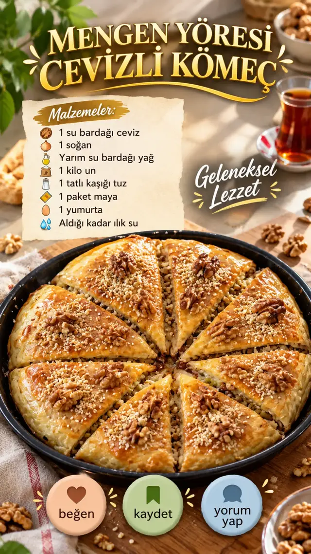 Bolu Mengen'in meşhur cevizli kömeci evde bu kadar kolay mı? 😍🥧 Kat kat hamur, aralarında soğanlı cevizli harç... Mengen yöresinin unutulmaz lezzeti Cevizli Kömeç 👇 Malzemeler 1 kilo un 1 paket kuru maya 1 tatlı kaşığı tuz Aldığı kadar ılık su 1 su bardağı ceviz (dövülmüş) 1 adet soğan Yarım su bardağı sıvı yağ 1 adet yumurta (üzeri için) Yapılışı Geniş bir kaba un, maya ve tuzu alın. Ilık suyla kulak memesi kıvamında yoğurup mayalanmaya bırakın. Tavaya yağı dökün, piyaz gibi ince doğranmış soğanı pembeleşene kadar kavurun. Dövülmüş cevizi ekleyip 2 dakika daha kavurun, ocaktan alın. Mayalanan hamuru 8 bezeye ayırın. Bir beze alıp yuvarlak tepsinin altına büyükçe açın, taşan kısımlar dışarıda kalsın. İkinci bezeyi tabak büyüklüğünde açıp tepsideki hamurun üzerine koyun, üzerine 2 çorba kaşığı soğanlı cevizli harçtan yayın. Üçüncü bezeyi açıp üzerine kapatın, yine harçtan koyun. Tüm hamurları aynı şekilde kat kat dizin. En üste hamuru koyduktan sonra alttaki büyük hamurun taşan kenarlarıyla üzerini kapatın. Ters çevirip elinizle bastırarak tepsiye yayın, büyük dilimler halinde kesin. Üzerine çırpılmış yumurtayı sürün. Önceden ısıtılmış 180°C fırında üzeri kızarana kadar pişirin. Afiyet olsun! 🤍 📌 Kaydet, hafta sonu yap! Denersen yorumlarda görüşelim 👇 #kömeç #mengenyemekleri #cevizlikömeç #yöreseltarifler #hamurişitarifleri 