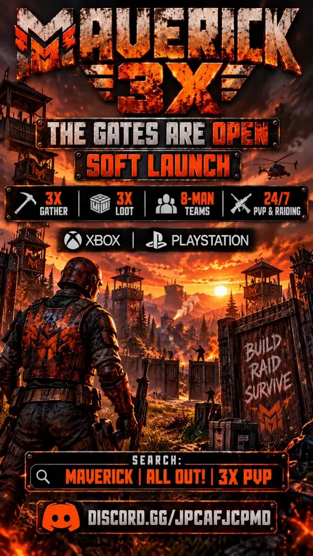 🔥 THE GATES ARE OPEN. Maverick 3X is officially in SOFT LAUNCH on Rust Console. ⚔️ 3X • 8-Man • 24/7 PvP & Raiding 🎮 Xbox + PlayStation 🪙 Maverick Coins • Casino • Rewards Get established before the full launch. Search: MAVERICK | ALL OUT! | 3X PVP #RustConsole #RustConsoleEdition #RustCE #RustXbox #RustPlayStation  