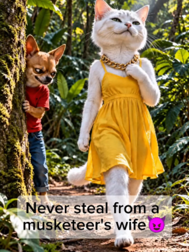 Never steal from a Musketeer's wife 📷 #FunnyDogs #ChihuahuaLife #InstantKarma #dogcartoons