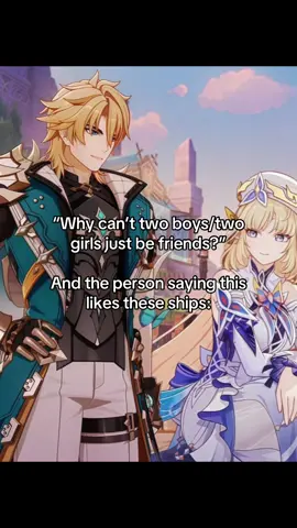 Notice how it’s only a problem when it’s two people of the same gender being shipped, but when it’s a male and a woman who are friends, people immediately jump to ship them #fyp #GenshinImpact #genshintok #genshinfyp #genshincreator 