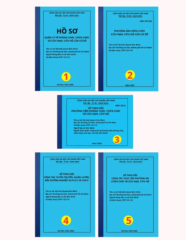 👉 Cuốn 1: Tập Hồ sơ gồm phiếu thu thập thông tin cơ sở mẫu PC01, các Quyết định ban hành, Nội quy PCCC, biên bản kiểm tra mẫu PC02, báo cáo kết quả thực hiện mẫu PC06... 🔑 Cuốn 2: Phương án chữa cháy, cứu nạn, cứu hộ của cơ sở mẫu PC06. 💬 Cuốn 3: Sổ theo dõi phương tiện phòng cháy chữa cháy, cứu nạn cứu hộ mẫu số 01. 🔥 Cuốn 4: Sổ theo dõi công tác tuyên truyền, huấn luyện nghiệp vụ phòng cháy, chữa cháy. 🚒 Cuốn 5: Sổ theo dõi công tác thực tập phương án chữa cháy, cứu nạn, cứu hộ... #phongchaychuachay #sotayphongchay #pccc #cuunancuuho #hosopccc 