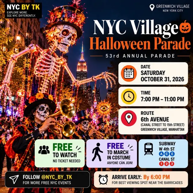 🎃🗽 NYC VILLAGE HALLOWEEN PARADE 2026 — THE ULTIMATE FREE HALLOWEEN EVENT! Get ready for one of NYC’s most spectacular Halloween traditions! 👻🔥 The 53rd Annual Village Halloween Parade is taking over Greenwich Village with incredible costumes, giant puppets, spooky performances, music, and an unforgettable Halloween atmosphere! 📅 DATE: Saturday, October 31, 2026 🕖 TIME: 7 PM – 11 PM 📍 ROUTE: 6th Avenue, from Canal Street to West 15th Street, Manhattan 💰 ADMISSION: 100% FREE to watch! 🎭 THE BEST PART? YOU CAN MARCH TOO! Want to be part of the parade instead of just watching? Wear a costume and join the parade for FREE! 🎃 No participant ticket is required, but make sure to follow the official entry instructions. 🚇 HOW TO GET THERE: 🚉 W 4th Street — convenient for accessing the parade route 🚉 Canal Street — useful for the starting area and participant lineup ⏰ PRO TIP: Arrive by 6 PM if you want to find a good viewing spot near the barricades. The streets get extremely crowded, so plan your subway trip ahead of time! 👻 WHAT TO EXPECT: 🎃 Amazing Halloween costumes 💀 Giant skeletons and creative puppets 🎺 Music, performers, and street energy 📸 Incredible photo and video opportunities 🧛 A one-of-a-kind NYC Halloween experience 📌 SAVE this post so you have all the details on Halloween night! 📲 TAG your friends who would love to experience this! ❤️ FOLLOW @nyc_by_tk for more FREE NYC events, hidden gems, and budget-friendly travel tips! 🔎 Official website and participation details: halloween-nyc.com #VillageHalloweenParade #NYCHalloween #FreeNYCEvents #NYCEvents #NYCByTK