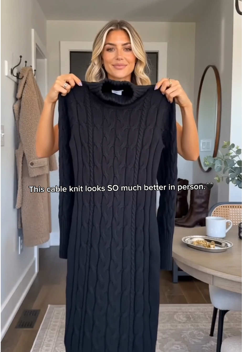 Okay, this cable knit looks SO much better in person.  🖤 The texture runs through the dress and sleeves, and the stretch makes it way easier to move in than you’d expect.✨ #blackfriday #giftideasforher #friendsgiving #tiktokshopstockup #TikTokShopFallDealsForYou 