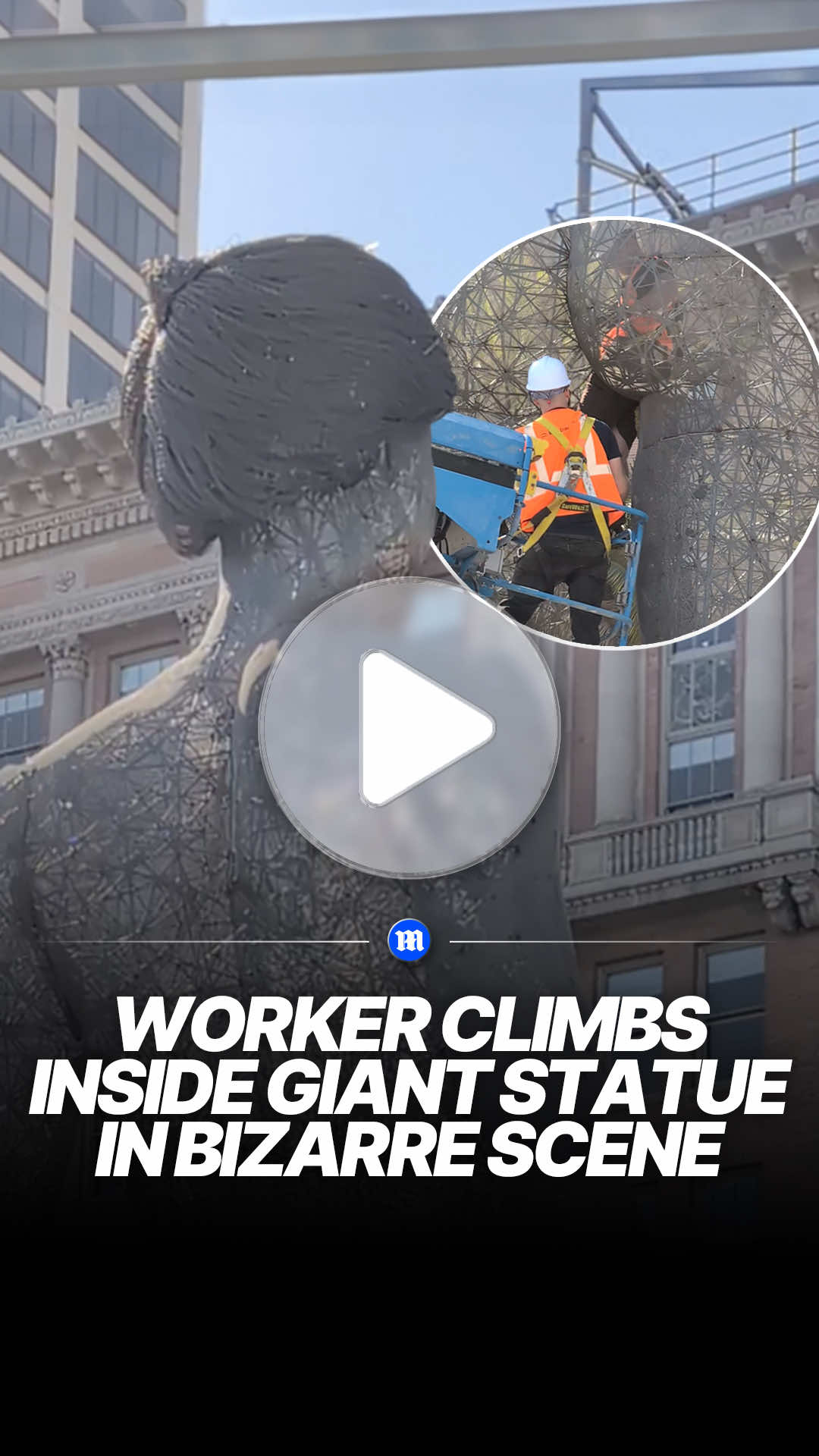 A construction worker was filmed crawling into the giant 'R-Evolution' sculpture in San Francisco through an access panel near its lower body as crews began taking the artwork apart for refurbishment and a possible sale. 🎥 Scott Ashkenaz via Storyful #sanfrancisco #california #viral #statue #art 
