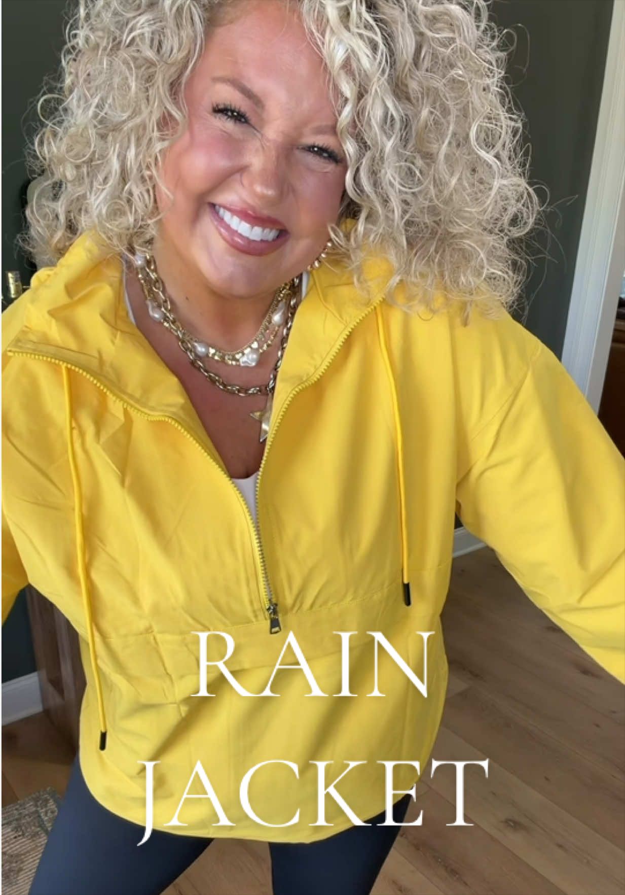 A rainy day doesn’t mean you can’t have a cute outfit! 💛☔️ This little yellow pullover is so stinkin’ cute, and I love how it looks with leggings! Plus, that bright yellow just makes me happy! #RainJacket #RainyDayOutfit #MidsizeFashion #Over30Style #TikTokShopFinds 