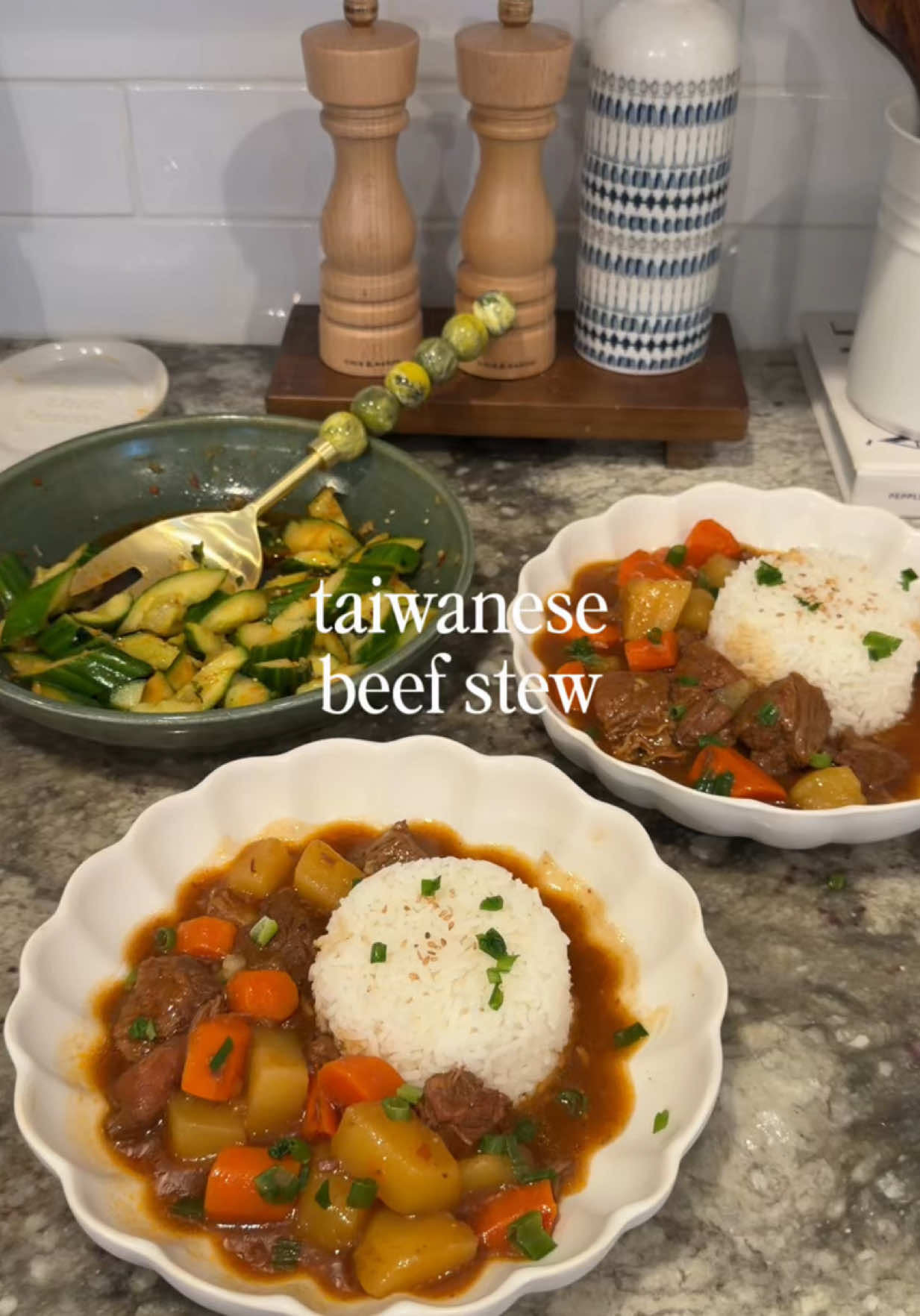made this for us & my parents bc I was craving a cozy meal and everyone LOVED it & went to get more!! I thought this pot was gonna last us a few days but it was gone so quick 😂 • - 3.5-4lb chuck roast - 1 white onion - 1 tbsp soy sauce - 1 tsp dark soy - 1 tbsp tomato paste - 2 tbsp chili bean paste - 3 tbsp minced garlic  - 1 carton of beef stock - 1 bay leaf - 4 carrots - 3 potatoes - Cornstarch Soak the beef in water to draw out the impurities if you have time. Season the beef with salt + pepper and sear with 2 tsp neutral oil for 5 min. Add in the white onion. Add in the soy sauce, dark soy, tomato paste, chili bean paste, minced garlic, beef stock, and bay leaf. Let it come to a boil and then simmer for 60 min. Then bring back to a boil and add in the carrots + potatoes. Let simmer for another 45 min. I added a few tbsp of cornstarch to a bowl and then added a few spoonfuls of the liquid and used it to thicken the stew.  #dinnerfortwo #asianrecipes #beefstew #cozyrecipes #easydinnerideas 