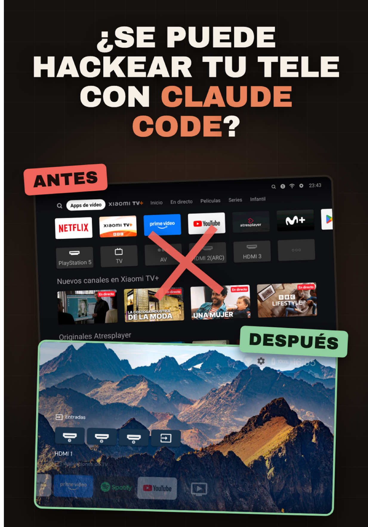 Vi en Twitter que la gente está hackeando su tele con Claude Code… así que lo probé con la mía 📺🤖 De anuncios por todas partes a un inicio limpio, rápido y solo con mis apps de streaming. Sin root, todo por WiFi desde la laptop. 📌 La guía paso a paso con los prompts listos para copiar está en el link de mi perfil. Entra directo y hazlo tú también. #claudecode #inteligenciaartificial #ia #smarttv #androidtv    