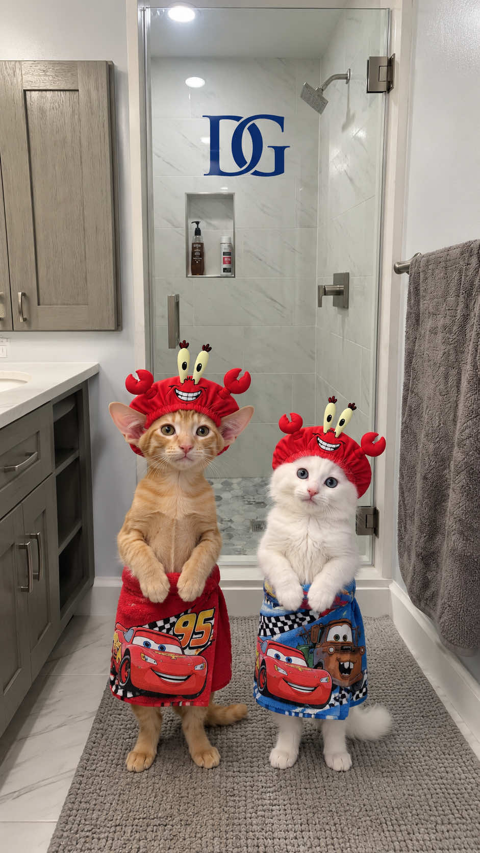 They’ll sing. They’ll dance. They’ll do absolutely everything except turn the water on. 😭🐾 These two blamed the shower curtain for YEARS. Now that it’s gone, they’ve suddenly added a full musical number to their shower routine. Matching caps, tiny towels, very big feelings. 😂🚿 This custom Solo frameless hinged shower door in Chantilly, Virginia deserves the commotion. Crystal-clear glass shows off the tile, while the single swinging door fits beautifully between the shower walls. Made with 3/8-inch tempered glass and solid-brass hardware, Solo brings a substantial upgrade to a simple shower opening. ✨ Designed, measured, fabricated and installed by Dulles Glass 🇺🇸. The bathroom is ready. The kitties are still warming up their vocals. 🎤 Ready to retire your shower curtain? Schedule your free estimate today by clicking the link in our bio. Love Your Glass. 💙 #ShowerConcert #FramelessShowerDoor #BathroomTransformation #catsoftiktok #bathroom 