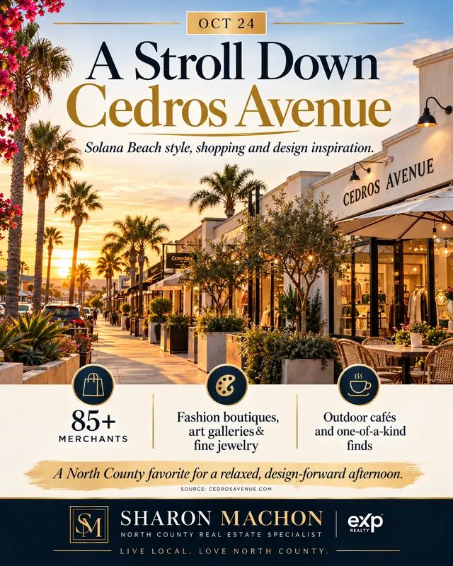 Cedros Avenue is one of those North County gems that captures the charm of Solana Beach perfectly. 🌴 Design-forward shops, local boutiques and relaxed coastal style make it a favorite spot to spend an afternoon. This is the lifestyle that makes North County so special. 💛 #SolanaBeach #CedrosAvenue #NorthCountyLifestyle #CoastalLiving #ShopLocal #NorthCountySanDiego #LiveLocalLoveNorthCounty