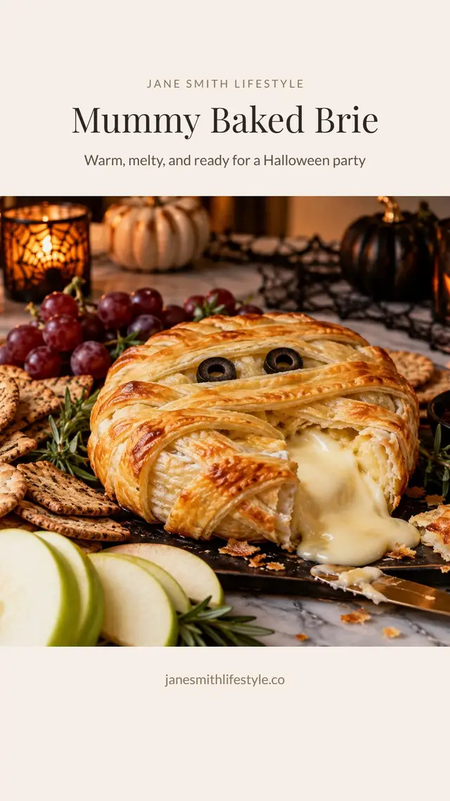 The appetizer that steals the show at every Halloween party. 🧀 Warm brie wrapped in pastry like a mummy, with cranberry tucked inside. The easy showpiece for a Halloween table. Recipe on my site — tap the link in my profile. #halloweenfood #bakedbrie #halloweenappetizers JaneSmithLifestyle.co