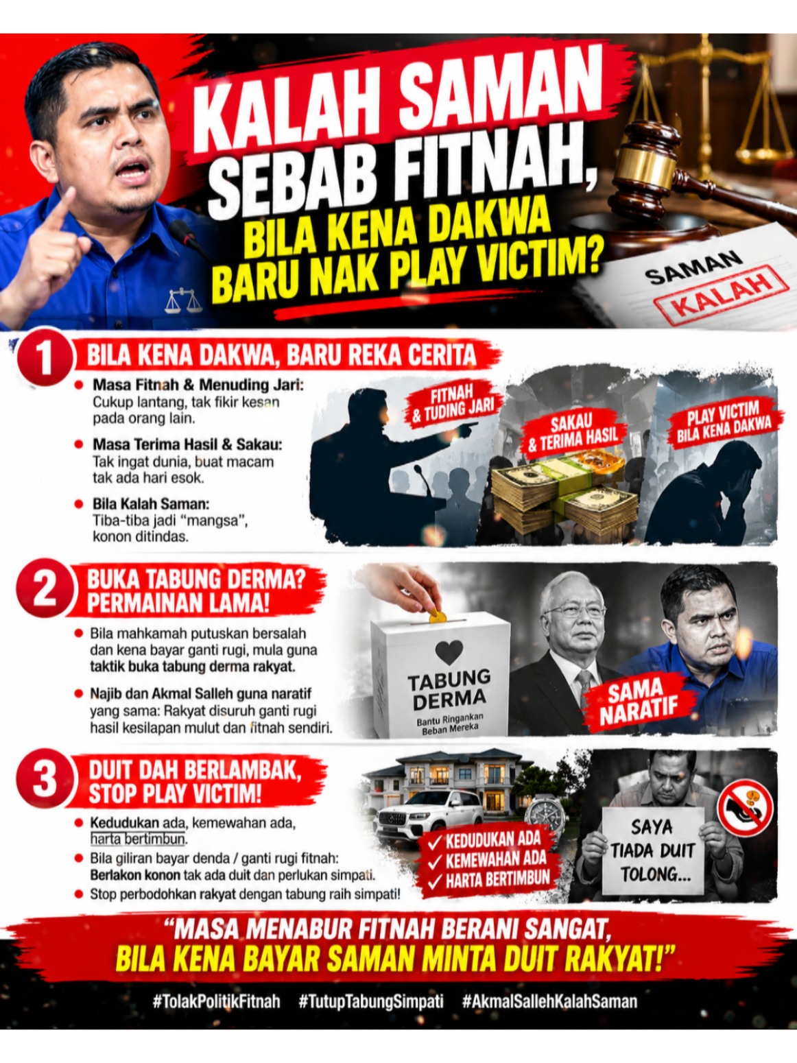 Masa buat fitnah tak fikir kesan, bila kena dakwa terus reka cerita kononnya ditindas! 🤷‍♂️❌ ​Bila mahkamah arah bayar ganti rugi, mula guna taktik lama: buka tabung derma rakyat. Kenapa rakyat pula yang kena bayar untuk mulut dan fitnah korang?   ​Kedudukan dan harta bertimbun ada, tapi bila bab ganti rugi fitnah terus berlakon simpati. Jangan biarkan rakyat terus diperbodohkan!    ​#Fitnah #AkmalSalleh #Politik #saman #mahkamah 