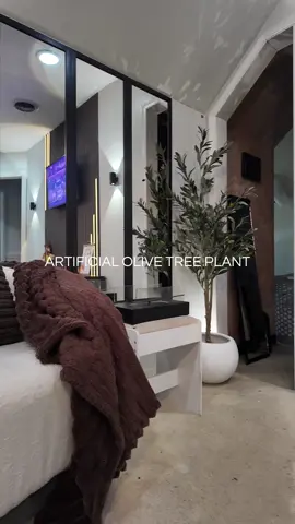 Adding this faux olive tree plant really enhanced my space😍 comment “shop” for exact 🔗 #fypシ゚viral #tvwalldesign #bedroommakeover #homerenovation #Bedroomdecor 