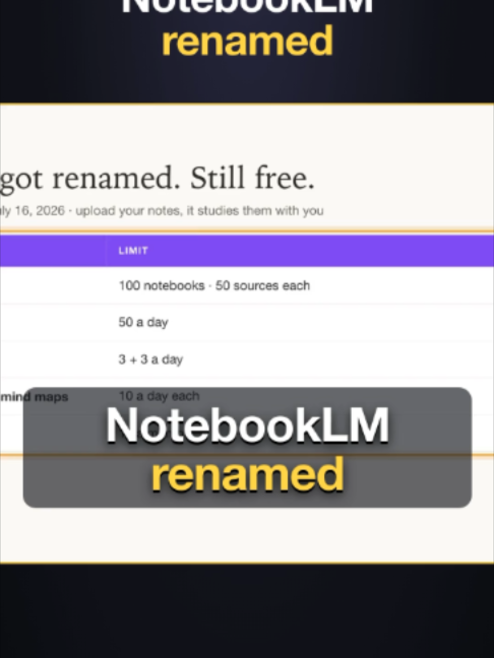 NotebookLM has a new name. It is Gemini Notebook now, and it is still free: 50 chats a day plus 3 audio and 3 video overviews a day. Full list of free AI tools on my YouTube. #NotebookLM #GeminiNotebook #StudyTips #AI #LearnOnTikTok