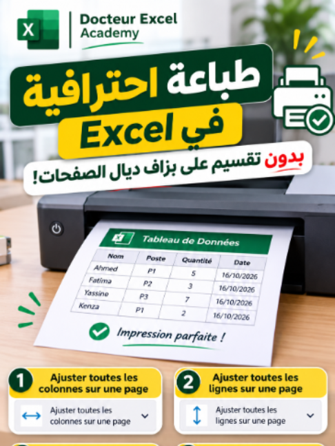 😱 واش ملي كتطبع  un tableau sur Excel كيخرج مقطّع على بزاف ديال الصفحات ؟ 🖨️ 🔥 بهاد  l’astuce  غادي تقدر تضبط  l’impression ديالك ، وتخلي الجدول يخرج منظم وواضح فالورقة،  بلا ما تضيع الوقت! ✅ Ajuster toutes les colonnes sur une page ✅ Marges étroites ou personnalisées ✅ Répéter les lignes de titre 💡 تعلّم  Excel  بطريقة احترافية  مع Dr.Excel Academy! 🚀 تابع الصفحة باش تكتاشف  astuces  جديدة ، تربح الوقت وتخدم بذكاء أكثر! #Excel #AstuceExcel #FormationExcel #MicrosoftExcel #DrExcelAcademy#Excel #ExcelTips #AstucesExcel #ExcelDarija #ExcelMaroc #FormationExcel #ExcelPourTous #MicrosoftExcel #ExcelTutorial #ExcelFacile