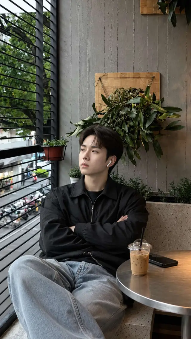 1. Mở ứng dụng Gemini hoặc ChatGPT 📲 2. Tải ảnh của bạn lên 📸 3. Dán câu lệnh prompt 👇 A realistic candid lifestyle portrait of a young East Asian man with messy black hair, wearing white earbuds. He is wearing a black casual zip-up jacket and light-wash relaxed baggy jeans, sitting at a modern café table near a large window with black metal louver blinds. He is leaning back with arms crossed, looking thoughtfully out the window. On the small metal table is an iced coffee in a plastic cup and a smartphone. Concrete wall background decorated with hanging green plants. Soft natural daylight, realistic texture, cinematic mood, shot on 35mm lens, f/2.8, vertical composition, 8k resolution, highly detailed photorealistic. #aiart #ai #prompt #gemini #chatgpt 