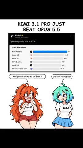 Kimi.ai launched Kimi K3.1 Pro with open weights promised by November 4, 2026. Its launch chart also puts Kimi ahead of Opus 5.5 on SWE Marathon, scoring 51.7 against 46.3. Access through Kimi's apps and API is live now, while the weight release is still ahead. Kimi.ai lists 2.8 trillion total parameters, so this is a very big model to download #Kimi #Moonshot #OpenWeights #Claude #AINews